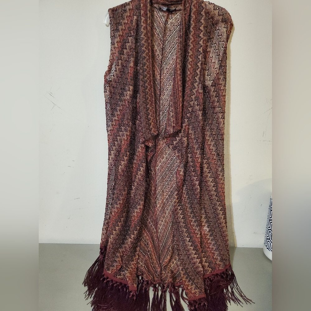Boho Y2K Long Knit Sleeveless Cardigan Burgundy Multi Fringe Duster Vest